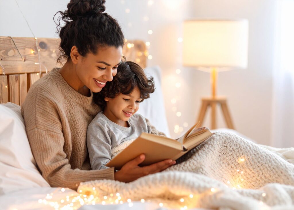 Mother reading with her young child under a knit blanket, warm string lights glowing in a peaceful bedroom.