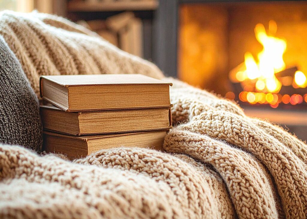 Stack of vintage books on a knit blanket with a glowing fireplace in the background.