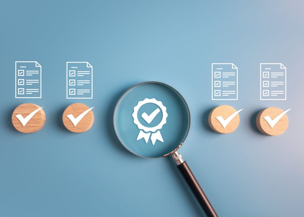 Magnifying glass over a Provision Over Pressure achievement badge and checked checklists, symbolizing assurance.