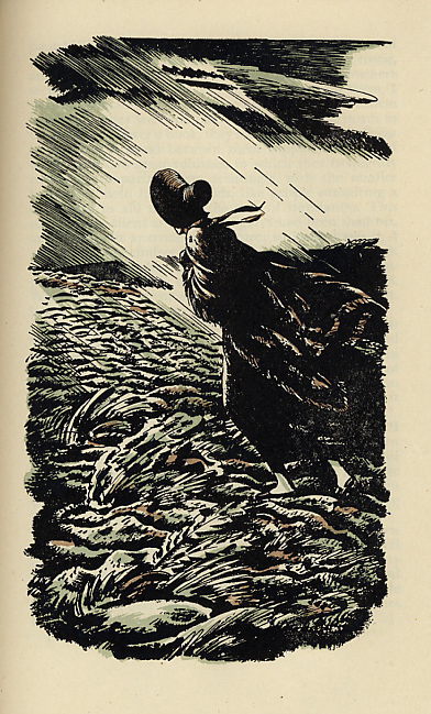 Public domain illustration of Jane Eyre standing on the moors in a storm—Victorian literature review