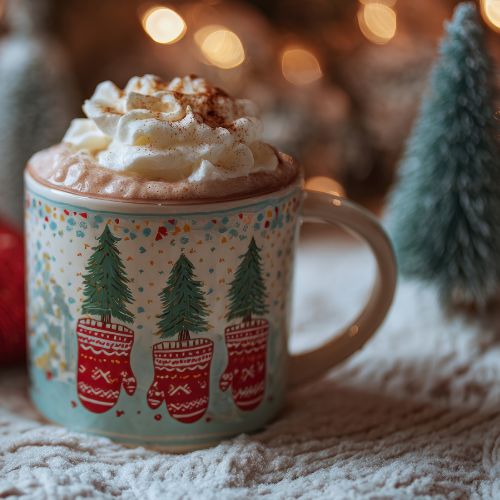Festive holiday mug of hot cocoa with whipped cream, reflecting the warmth of a peaceful December homeschool routine.