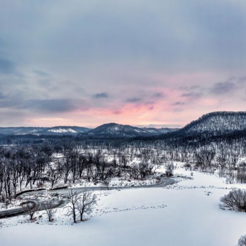 A quiet winter landscape at sunrise, symbolizing a gentle new year homeschool reset and a peaceful beginning.