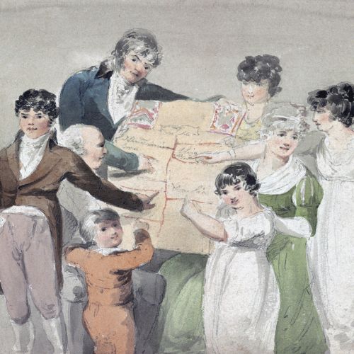 A Regency-era family gathers around a large map, illustrating learning and togetherness in a classical home setting.